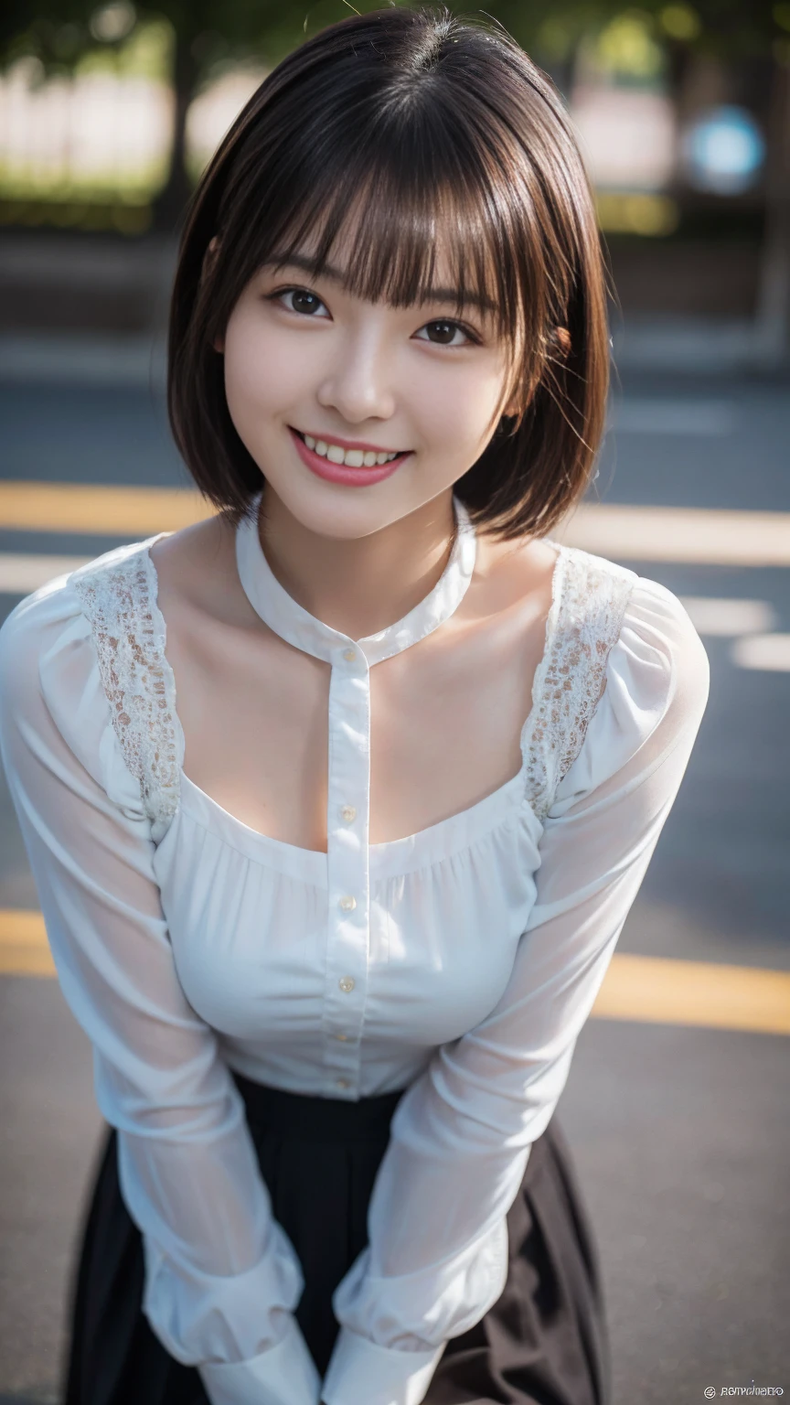 (Highest quality,masterpiece:1.3,Ultra-high resolution),(Very detailed,Caustics,8k),(Realistic:1.4,RAW shooting),1 girl,(Look at the camera with a smile),20-year-old,cute,Japanese,Short black hair,Long sleeve blouse,big ,Bust up shot,street,Face Focus,Natural light,Backlight,(A bright light shines from above),(Lens flare),Professional Writing,(Low position),(Low Angle)