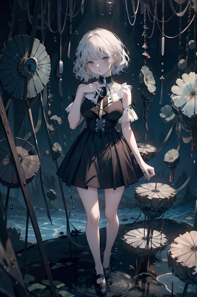 Alice crying in the deep sea, Short skirt, holster, Absurd, RAW Photos, Very delicate and beautiful, masterpiece, Highest quality, Ultra-high resolution, 32K, Surreal, Very detailed, Detailed Description, Pale skin, 20-year-old, Natural Lip, Big Breasts, Earrings, Short Medium Hair, Wavy Hair, Full Body Shot,