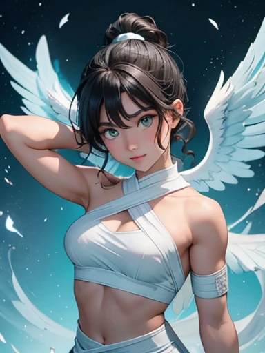 Angel Sajida,Student of Archangel Sutton,Chinese Face,Black short curly hair tied into a high ponytail,Green eyes,A pair of light blue and white wings,Strong girl appearance,White bandage wrapped around the body,Have strong deltoids and biceps,Enthusiastic and lively personality,Skilled in using fire to fight