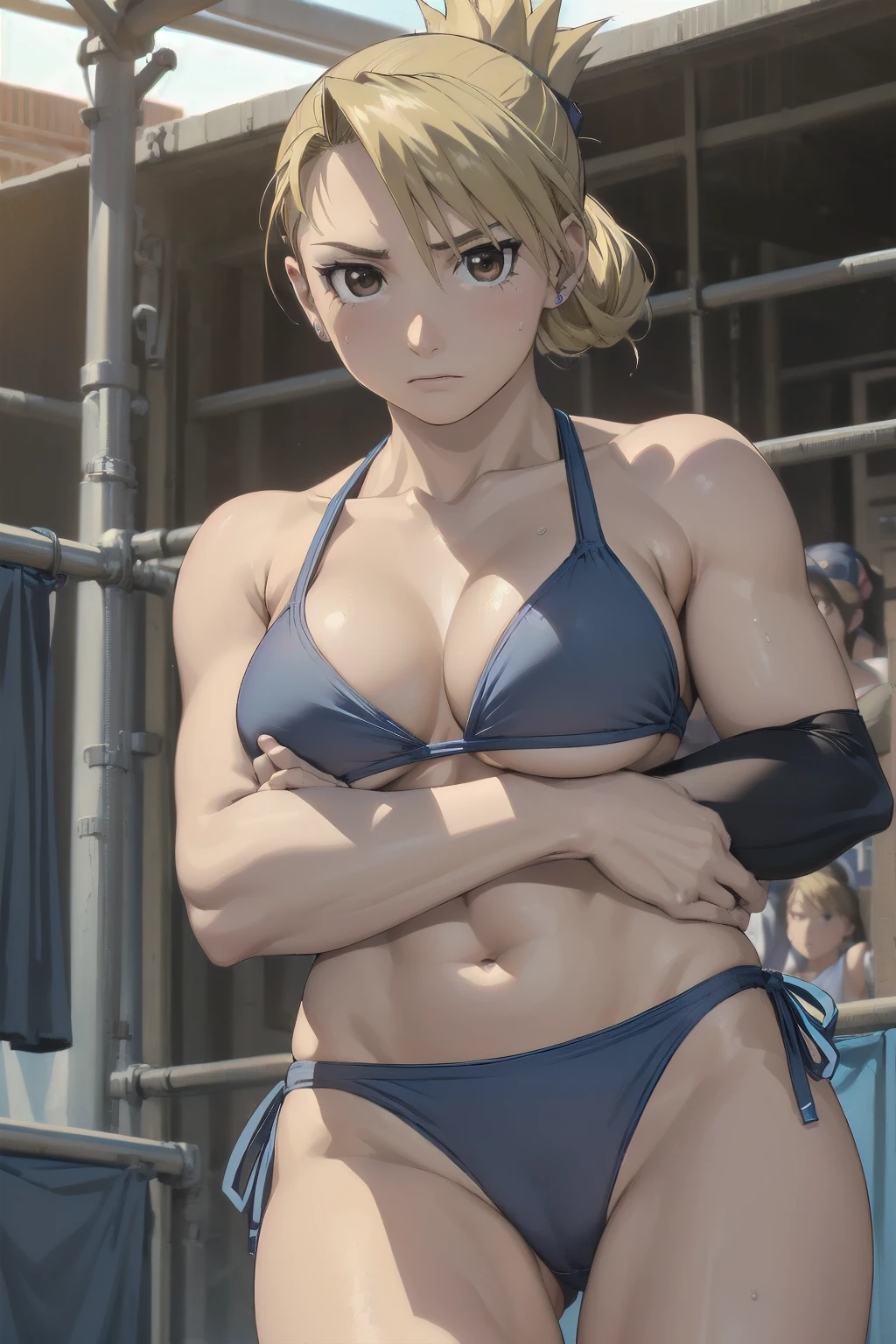 masterpiece, Highest quality, High resolution, One Girl, Hamriz, ponytail, Brown eyes,big , マイクロbikini、Cowboy Shot、Muscular body、blush、Sweat、Composition from the front、anime、(((Light blue bikini、Stand in front、audience、Shaking breasts、前かがみ、手は膝の上、 fully exposed、Facing forward)))、((Wrestling Arena)), (Female wrestler), (Slender body, 発Sweat, tired), Mature Woman, Mature Woman, (bikini, Very detailed wrestling equipment)
