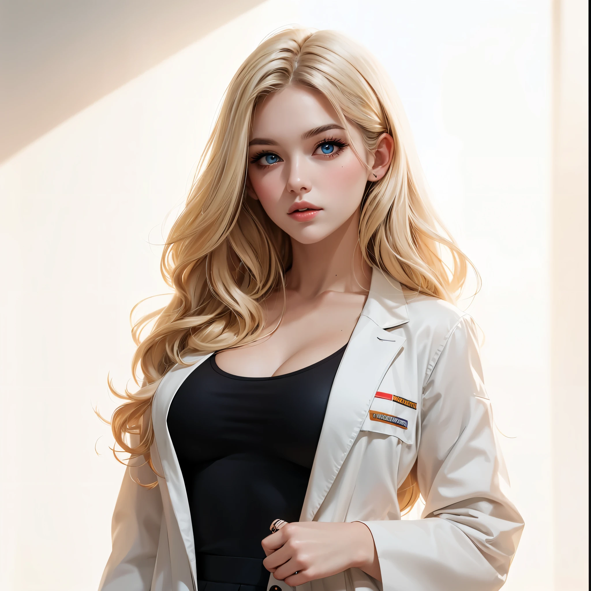 Best quality image: full-body shot,blond,25岁阳光girl,(make up,Lipstick:1.5),fit、Sexy,Energetic and lovely,girl, 一个十九岁的欧洲girl, Solitary, Aesthetic Artwork, (blond:1.5), blond,Very beautiful face,(White skin:1.5),Long hair, Blue Eyes, Light blue eyes, , Pale skin, (Textured Skin, Skin pores:1.1), (Extremely detailed 8k wallpaper), Soft lighting, high quality, Film Grain, Fuji XT3 Clear focus, f 5.6, 50 mm, High Detail, Clear focus,(Natural light), 独奏,Chest,Experimental clothes,Long hair,Cleavage,Looking at the audience,大Chest,White background,Simple background,Black tight skirt,Cowboy lens,coat,白色coat 疯狂的细节, Intricate details, Ultra Detailed,No shadow,Her smile is full of happiness and confidence,He stood on a clean, Neat background. Crisp image details,Relaxed and natural texture. The lighting is very cinematic, The soft and bright light shines on her beautiful face., Enhance the depth and dimension of your photos.