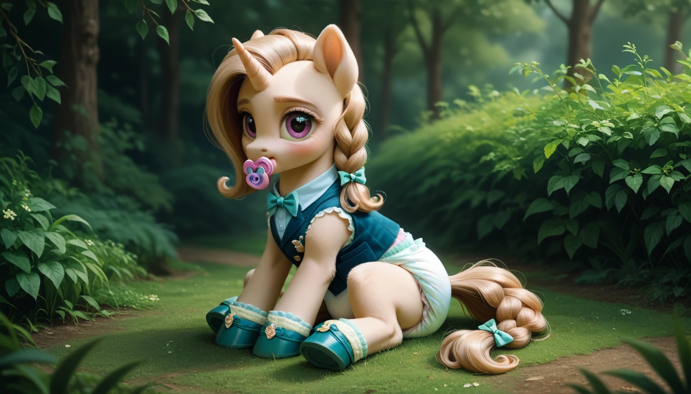 pony, light caramel unicorn, adult filly, plum eyes, lush mane braided, bushy tail, sitting outside, dressed in a vest and booties, pacifier in mouth, solo, thick diaper under clothes.