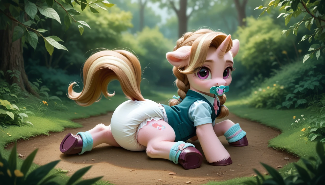 pony, light caramel unicorn, adult filly, plum eyes, lush mane braided, bushy tail, sitting outside, dressed in a vest and booties, pacifier in mouth, solo, thick diaper under clothes.