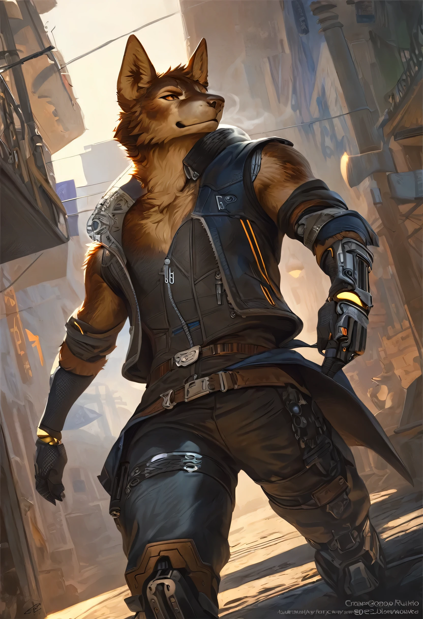 cover page, highres, top quality, best quality, paid reward available, unparalleled masterpiece, perfect artwork, absurdres, High-quality illustrations by Johannes Vermeer, Dark_Fantasy, Cyberpunk, steam punk(super handsome boy, single,anubis, kemono)Mechanical marvel, Robotic presence, Cybernetic guardian, wearing a worn-out mech suit, intricate(steel metal, rusty)(furry anthro:1.7)(Furry body, anubis facial features, anubis body features)elegant, clear focus, shot by greg rutkowski, soft lighting, vibrant colors, masterpiece((street))cowboy shot, dynamic angle,