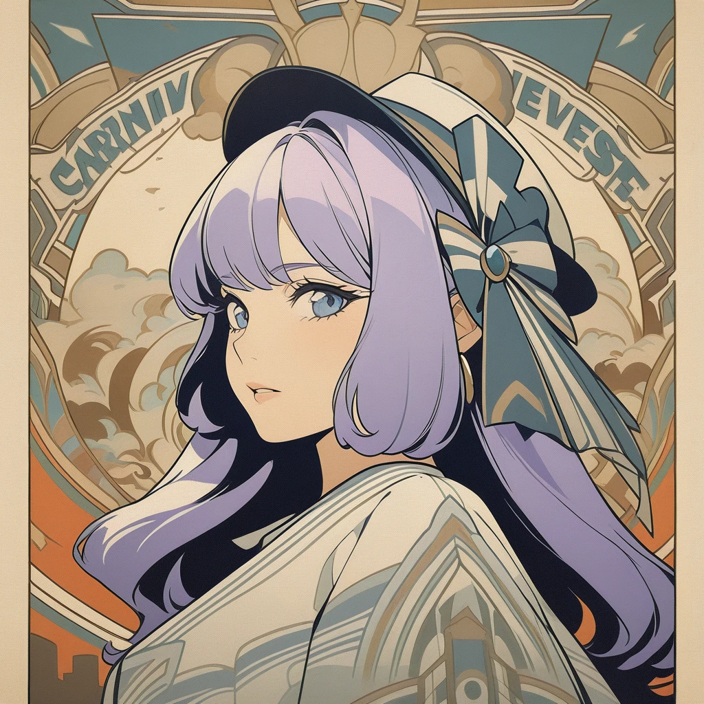 classy woman in a dress, 1girl, light purple hair, long hair, blue eyes, close up side profile, hat, hoyoverse style, centred, art deco, movie poster, masterpiece, 4k, hd, best quality, detailed, thick line art, variable line art, vintage poster, carnival style, extravagent,