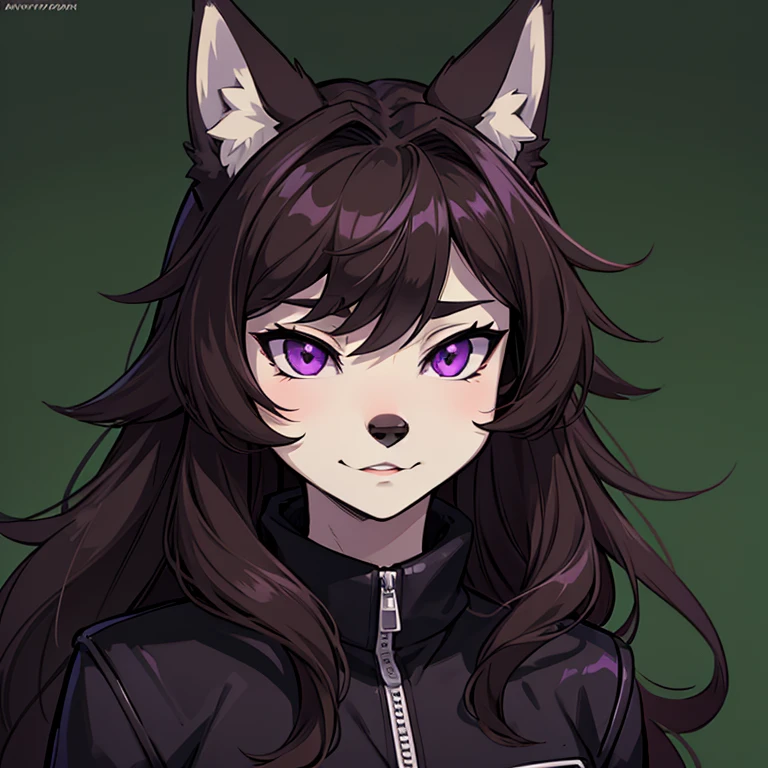 Masterpiece, best quality, high quality, 1Anime wolf, Brown Female wolf Portait, has Purple eyes, wearing black jacket, Anthropomorphic wolf, Very beautiful furry art, Furry character portrait, Cartoon art style, Furry wolf, high contrast, Green Background