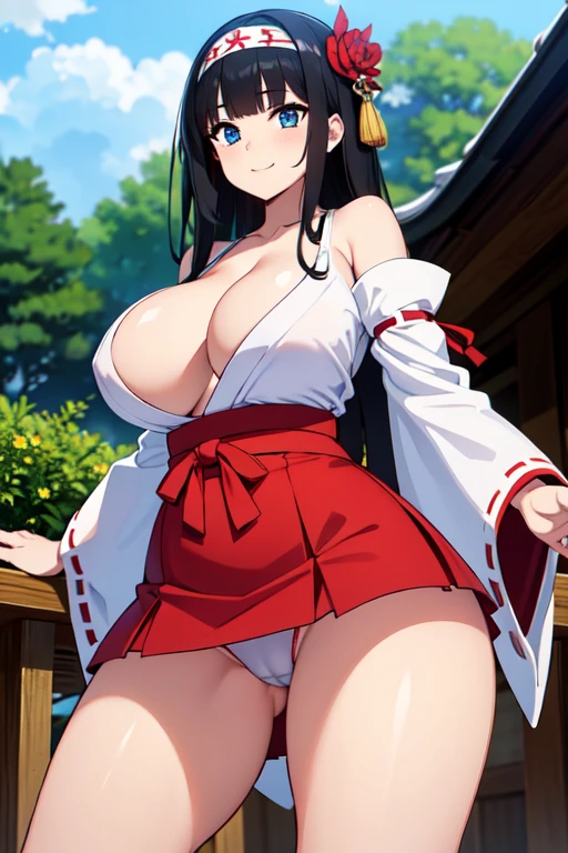 good quality, best quality, highres, absurdres, 8k, 4K, masterpiece, Girl in Japanese shrine maiden outfit, (Hime cut), (super long black hair),(((straight bangs, blunt bangs))),(White headband), Blue eyes, super long black hair, hair ornament, ribbon, smile, Showing her breasts, (Huge breasts:1.3), Cleavage, White kimono, Shoulder-exposing sleeves, open-chested costume, Short skirt, Red Skirt, (upskirt), cameltoe,