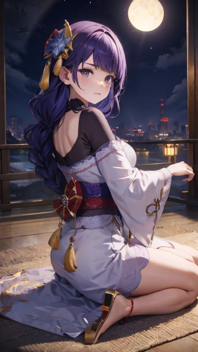 Cute Girls、Spread your legs、Butt、On all fours、Panties、Buttを突き出す、look back、Dark purple kimono、kneel、Low - Angle、Braided long hair、Purple Hair、night