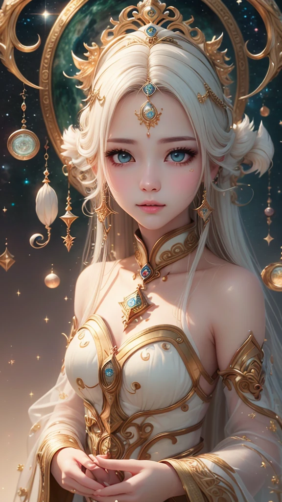 (masterpiece、Highest quality、Highest quality、Beautiful and beautiful:1.2)、Focus on the eyes、The story of the girl with milky white hair、Astrologer costume、lime、Beautiful Eyes、lips、Good move、The best move、12 Zodiac Signs、Going around、Luminous Splash in Both Hands、Overflowing、Beautiful 3D Earth、Deep Background