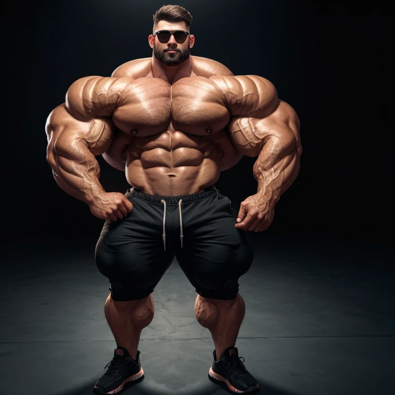 hyper muscles, hyper growth, a very handsome, massively large, shirtless young man wearing black shorts, mid fade haircut, sunglasses, massively muscular, massively large muscles, massively large biceps, massively large arms, massively large shoulders, massively large chest, massively large and massively muscular body, massively large bulge, massively large bump, on a black background