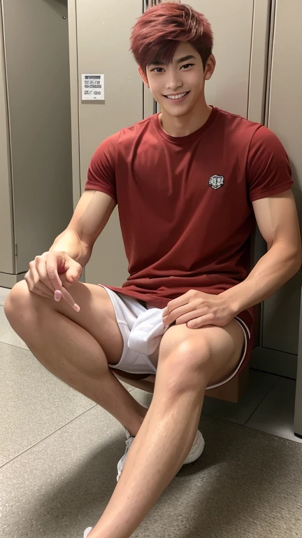 Japanese men、、Well-developed muscles and smooth skin、Shaved red hair、Relaxed and friendly smile、Light brown boxer briefs、The whole body is visible from toes to head、Fist pump in the locker room、Sitting