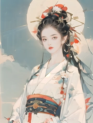 (8k, Highest quality, masterpiece)，{practical, Original photo, Ultra-fine and transparent, image, practical Light, Delicate skin, (Beautiful slim woman, whole body, Age 25, Shrine maiden, Plain white kimono, Vermilion thin belt:1.5), thin legs, Microparticles, Long Hair, Detailed fingers, thin, (Blue sky and sun in the background:1.5),
