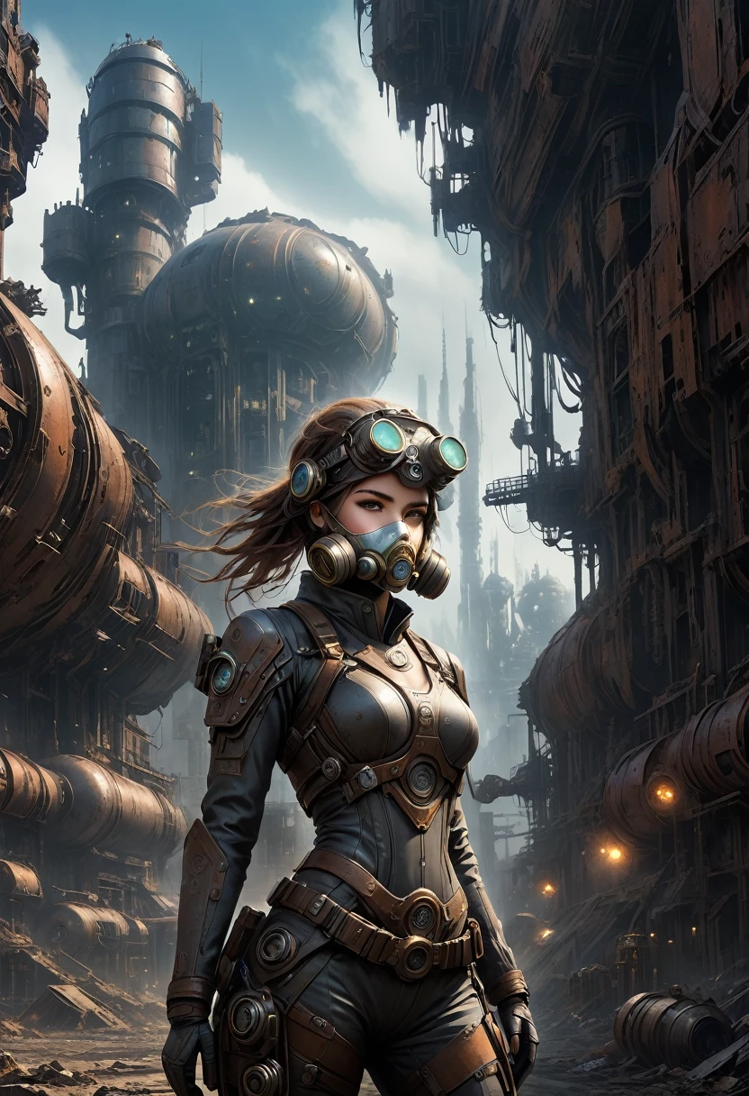 A future mechanical cyberpunk girl in a gas mask of the future walks through a destroyed city of the future,Silver Mechanical Girl,mechanical joints,There are a lot of rusty buildings in the air,Large radar destroyed,Abandoned space station base, scenic dystopian environment, dystopian environment, Industrial science fiction, Industrial science fiction, Industrial science fiction, Space station base background in steampunk style, Dystopian Digital Concept Art, Steampunk City, post apocalyptic factory, Steampunk ruins of the future, Industrial science fiction, concept art in steampunk style, dystopian alien landscape, In a steampunk cityscape, Dystopian landscape