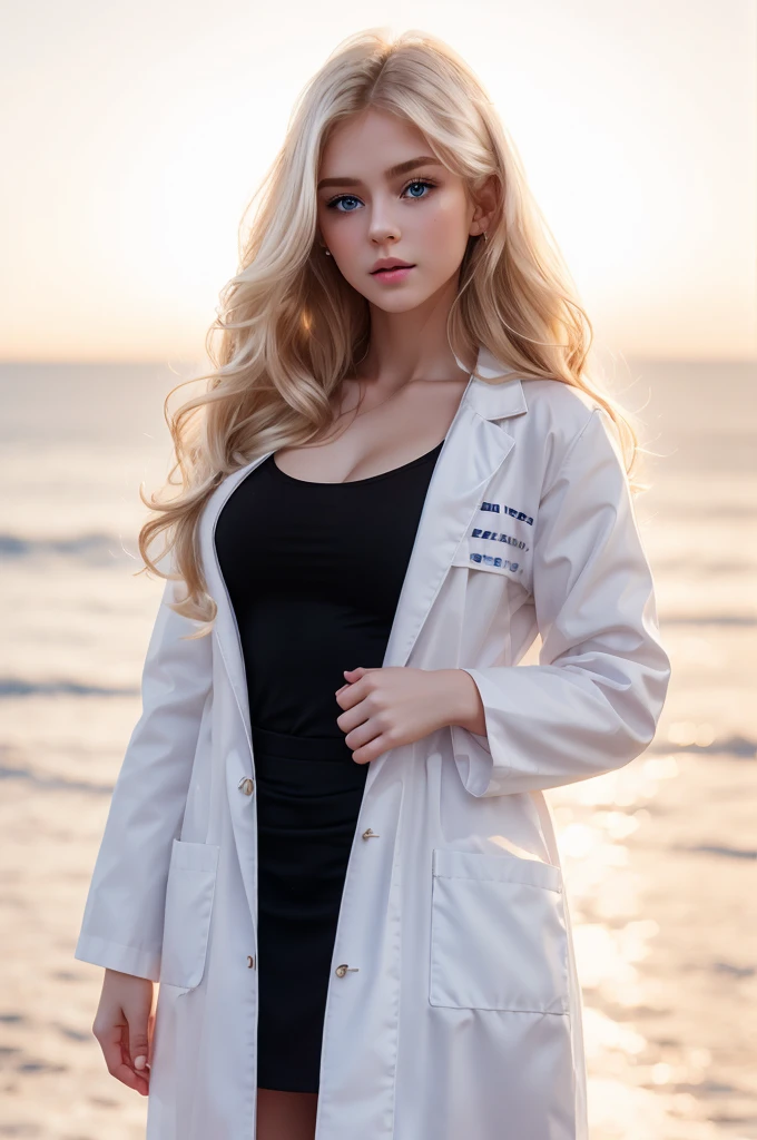white Miss, beautiful Miss, Pretty Face, Delicate face, White skin, Blonde Hair, Angelic face, Miss, Long hair, Long hair 18 years old, 18 year old Miss,Simple background,blond,Blue Eyes,Black tight skirt,White coat