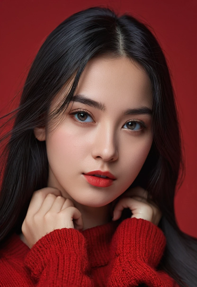 masterpiece, ultra-realistic, 20 years old, 8k, hd, beautiful girl, black hair, very long hair, straight hair, closed mouth,1girl, detailed face, beautiful woman's face, red sweater, plumpy, red background, looking to viewer, 85mm lens, cinematic light