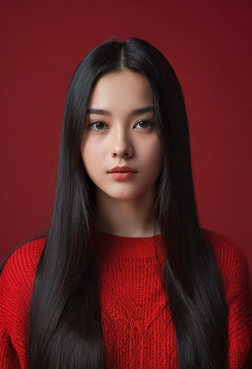 masterpiece, ultra-realistic, 20 years old, 8k, hd, beautiful girl, black hair, very long hair, straight hair, closed mouth,1girl, detailed face, beautiful woman's face, red sweater, plumpy, red background, looking to viewer, 85mm lens, cinematic light