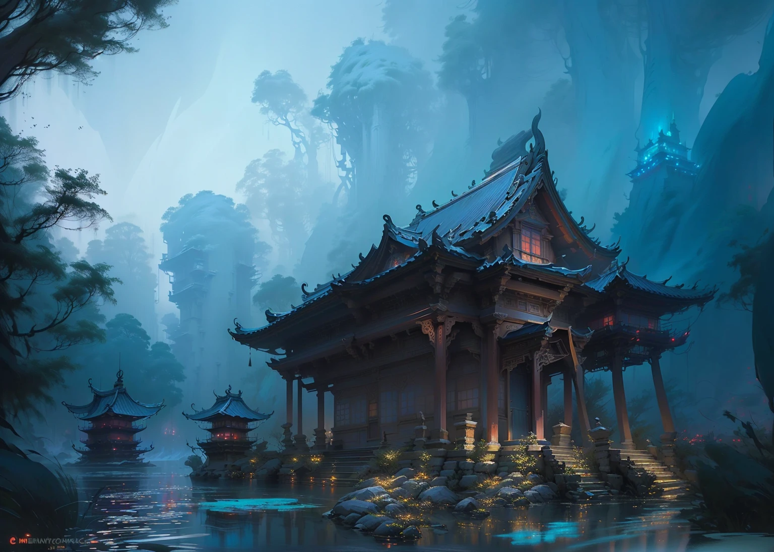 Painting of a pagoda in the middle of a lake at night, Andreas Rocha style, Cyberpunk Chinese Ancient Castle, Concept Art stunning atmosphere, Concept Art | feng zhu, inspired byJeremy Chong, Inspired by Fenghua Zhong, Inspired by Andreas Rocha, beautiful Concept Art, Inspired by Feng Zhu, inspired by Raphael Lacoste (Raphael Lacoste), byJeremy Chong