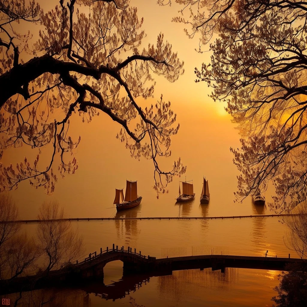 Sunset，There are trees and boats in the water，There is another bridge, Warm and beautiful scene, Hangzhou, Very beautiful photos, Beautiful composition, Silhouette of a vine bridge on the lake, Peaceful and tranquil, Fanhao Photography, by Xie Shichen, beautiful serene landscape, Very beautiful scenery, early morning, author：Shi Rui, peaceful scene, The beauty of natural landscape, Peaceful scene
