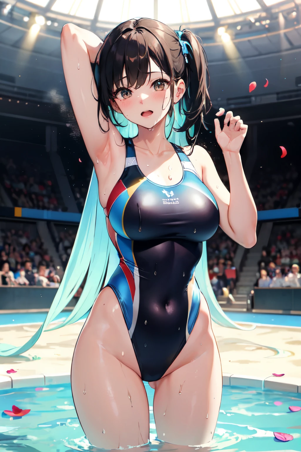 Highest quality, Great quality, 16K, Unbelievably absurd, Very detailed, delicate and dynamic, Natural light, Particles reflect light, Diffuse reflection of light, Many rainbow-colored petals fall, Beautiful sandy beach, Shining Sun, Diffuse reflection of light, Create amazing image effects, , Wet, sweating, receive, close(Cute sexy girl, A large, swaying bust, Sensual expression, Cool girl, Severe, passion, dynamic, Flashy swimsuit, ,audience , much-air-laden cheer)
