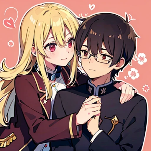 1 boy with black hair, Red jacket and glasses romantically kissing a girl with blonde hair and red eyes. Flower field in the background., True love, blushing cheeks, high quality 