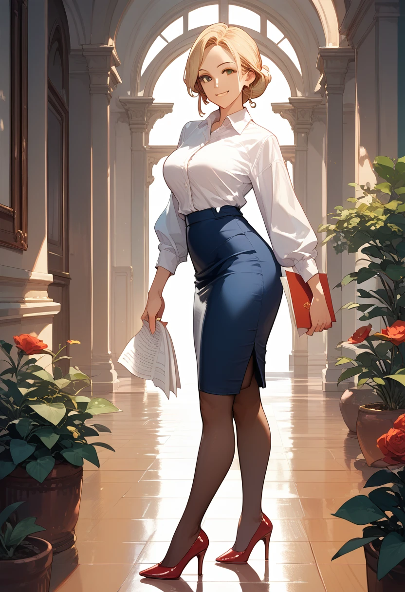 (score_9,score_8_up,score_7_up),1woman,solo,source_anime,mature,big sister,middle age,blonde hair,green eyes, white shirt, pantyhose, (blue skirt:1.2), pencil skirt, red stiletto heels, warm smile, warm eyes, view from side, walking, holding papers, tiled floor, looking at viewer, looking to the side