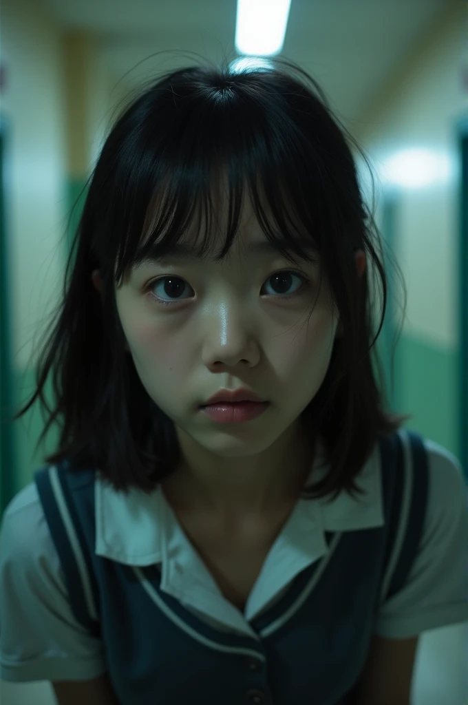 An East Asian schoolgirl with natural facial features stands in a typical Asian school corridor. The shot is taken with a wide-angle lens, creating a slight distortion. It's a dramatic low-angle shot, making the girl appear imposing. A single tear is visible on her cheek, with a subtle lens flare effect. The lighting and angle are inspired by the unsettling scenes in 'The Shining', but clearly set in a school environment. The color grading has a slight retro film quality. The girl's expression conveys intense emotion. Cinematic quality, 16:9 aspect ratio.