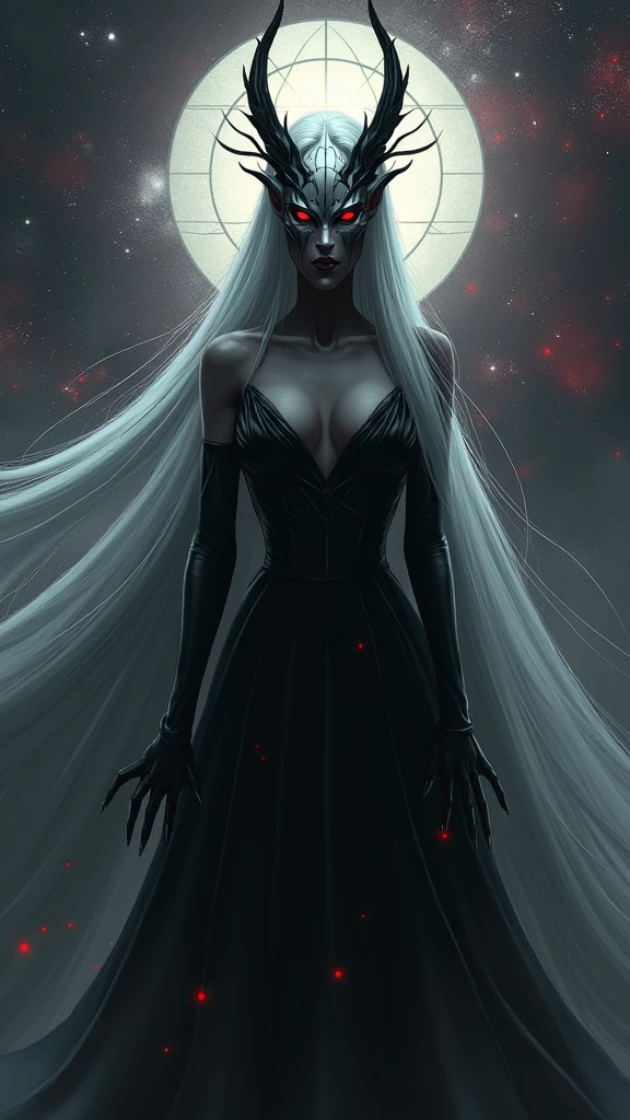female demon with a black base, hiding his face with a mask, a silver mask with red eyes that covers the entire head, a beautiful form, long straight silver hair, and a long, flowing black dress, background galaxy, octagram, shading effects, gradation magic effects, (ultra detailed, absolutely resolution, best quality:1.3), 2.5D, delicate and dynamic, artistic photography, hyper realistic, graphic CG digital cartoon-style art