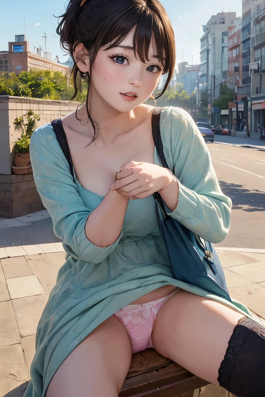 high-definition image, (((round face))), eyes realistic sizing, realistic skin, (drooping eyes), smiling, ((various patterned feminine casual long dress)), spread legs, pubic hair, ((slut, touching crotch, self pleasure, (((highly detailed realistic textured crotch-less-panties))), (strong sunlight, old fashion), skyscrapers, bag, hair up,