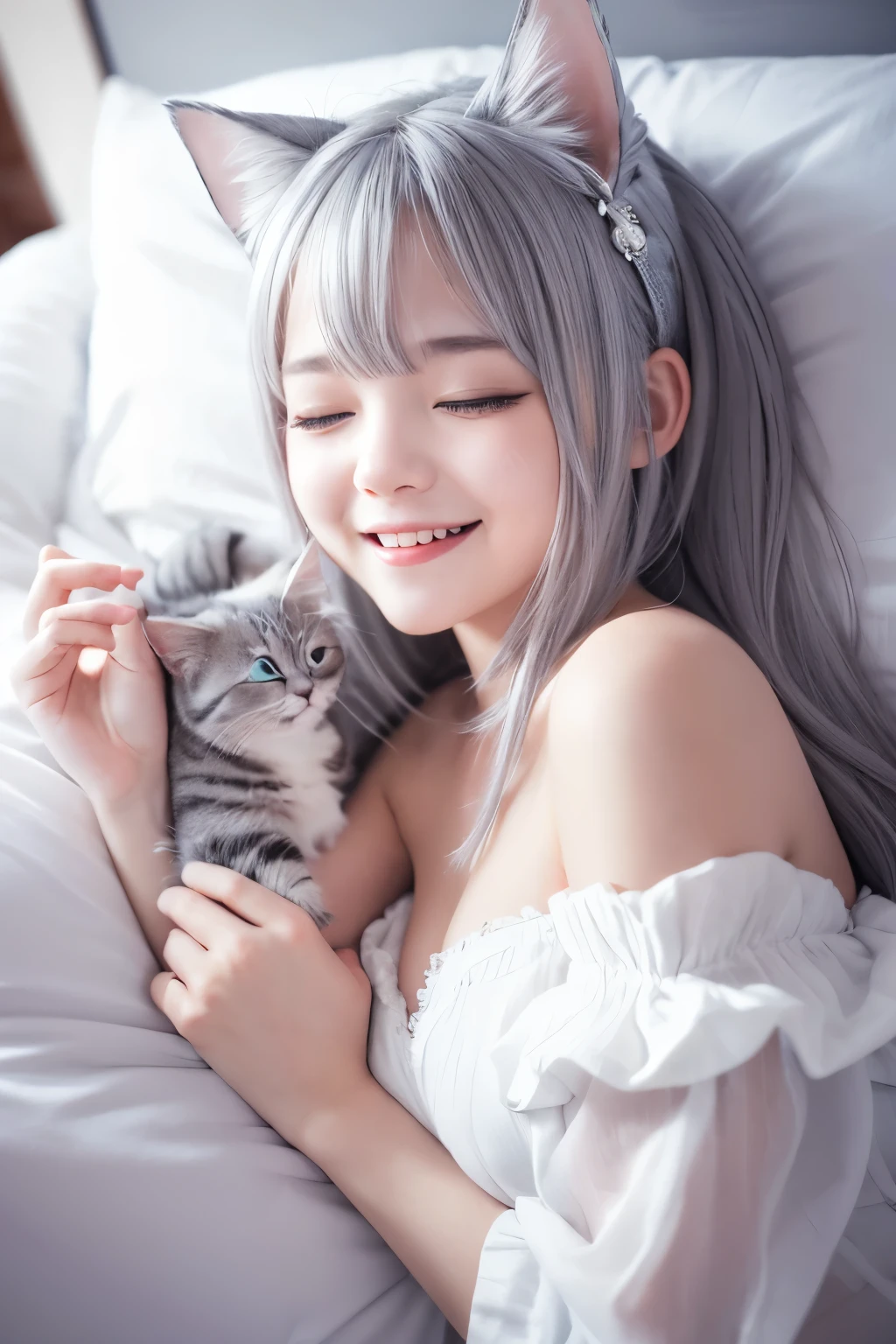absurdres,hires,ultra detailed, high resolution hires, best quality, master piece, Very Cute 1girl, Silver hair eyes , Closed one eye ,tear, cat ears, medium hair, cat tail, Smiling,dress,lie on bed, yawning, put hand over mouth, open mouth