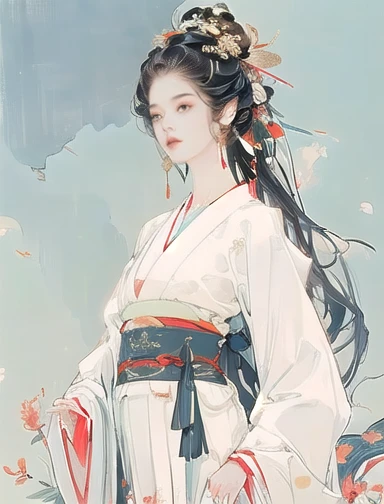 (8k, Highest quality, masterpiece)，{practical, Original photo, Ultra-fine and transparent, image, practical Light, Delicate skin, (Beautiful slim woman, whole body, Age 25, Shrine maiden, Plain white kimono, Vermilion thin belt:1.5), thin legs, Microparticles, Long Hair, Detailed fingers, thin, (Blue sky and sun in the background:1.5),