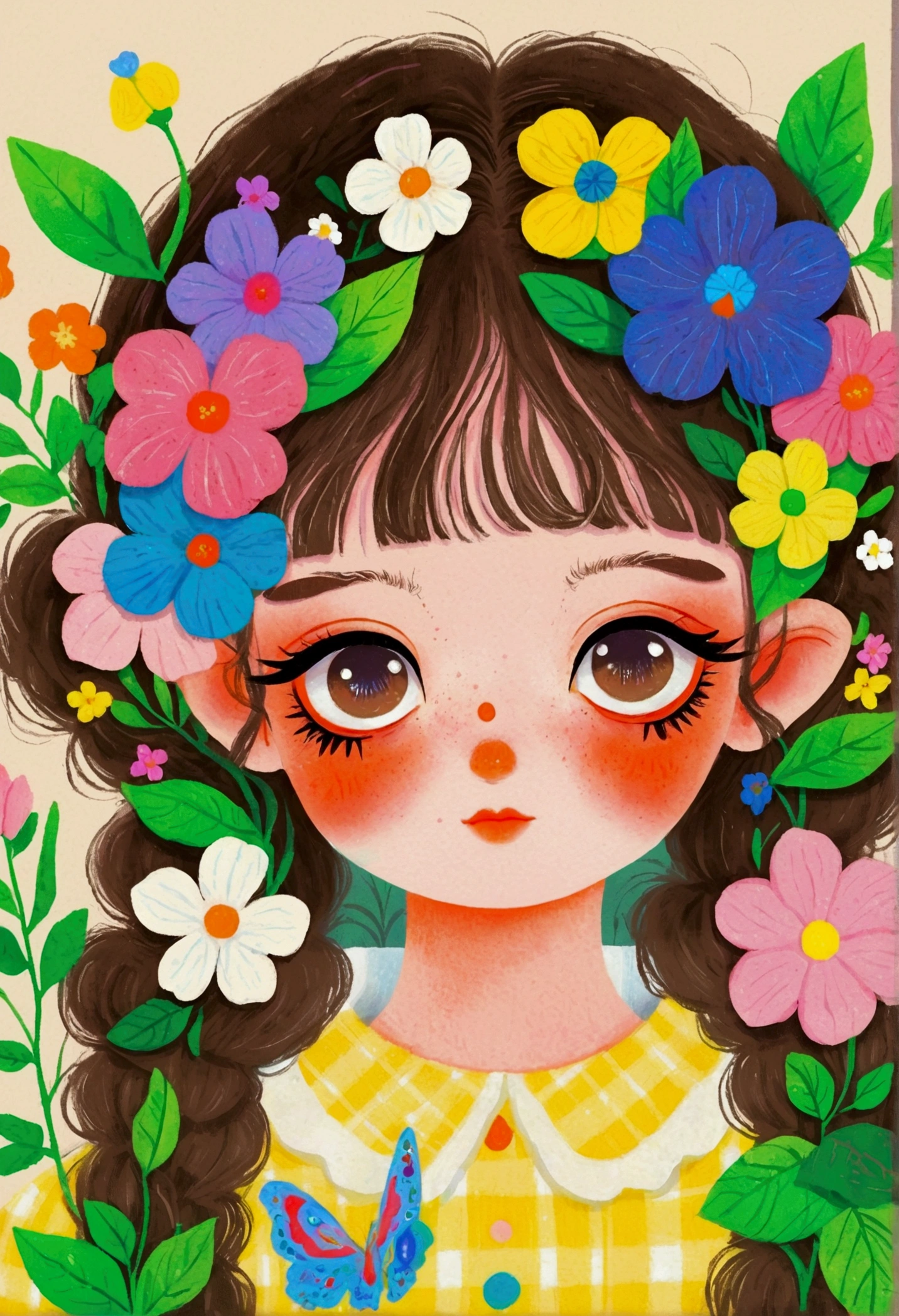 A face full of flowers、Illustration of a cute little girl, big eyes，Two pigtails，The Art of Mathematics ，Hot trends, The Art of Mathematics, 采用数码Illustration style, The Art of Mathematics. The Art of Mathematics illustration, Flowers covering eyes, Flower-faced girl, Cute illustrations, The breath of spring, Illustration Art, Illustration style, Drawn in a whimsical style