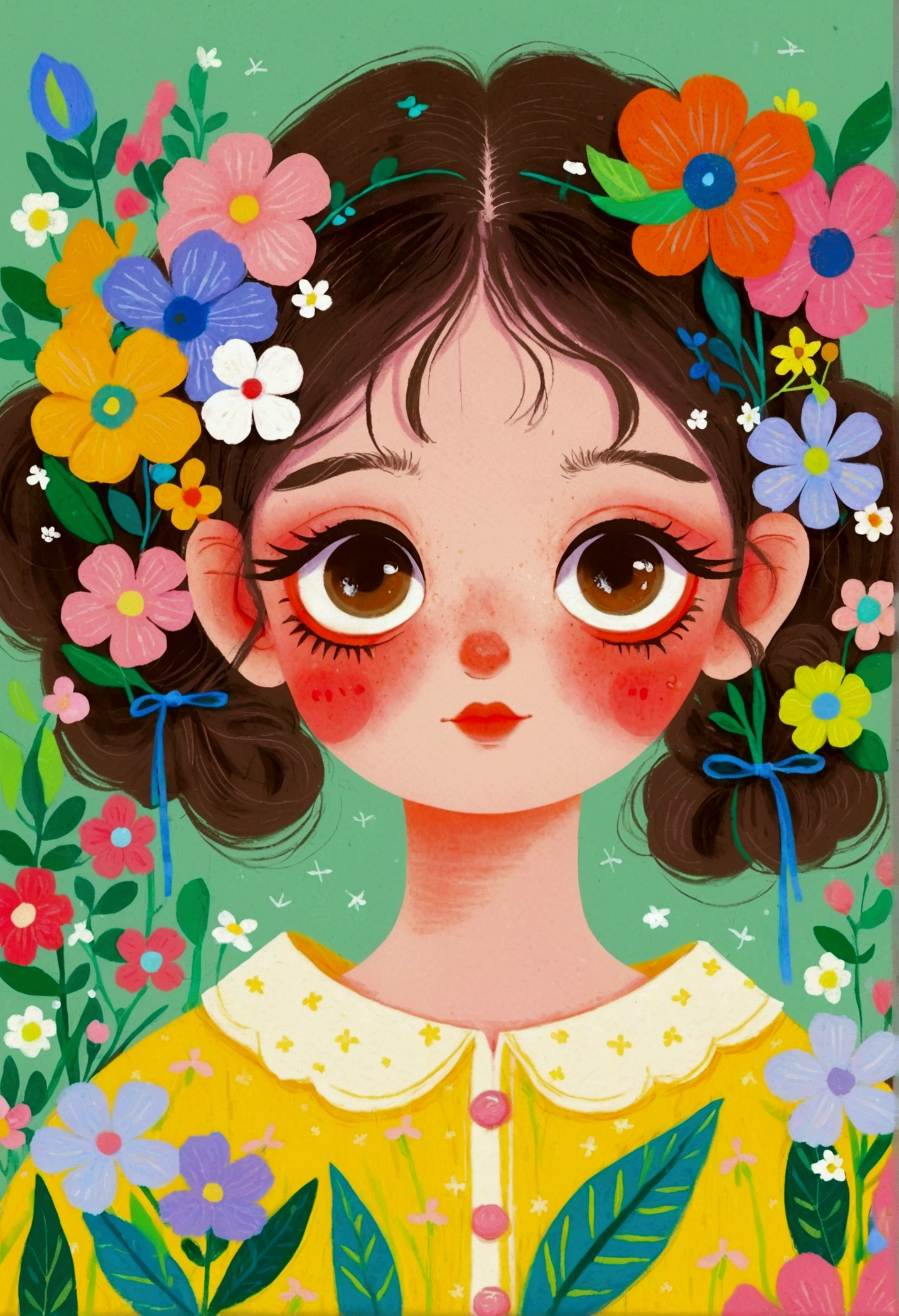 A face full of flowers、Illustration of a cute , big eyes,Two pigtails,The Art of Mathematics ,Hot trends, The Art of Mathematics, 采用数码Illustration style, The Art of Mathematics. The Art of Mathematics illustration, Flowers covering eyes, Flower-faced girl, Cute illustrations, The breath of spring, Illustration Art, Illustration style, Drawn in a whimsical style
