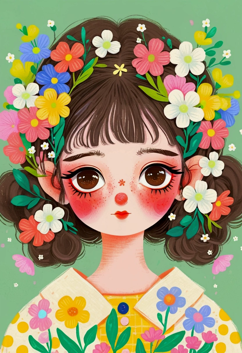 A face full of flowers、Illustration of a cute  girl, big eyes，Two pigtails，The Art of Mathematics ，Hot trends, The Art of Mathematics, 采用数码Illustration style, The Art of Mathematics. The Art of Mathematics illustration, Flowers covering eyes, Flower-faced girl, Cute illustrations, The breath of spring, Illustration Art, Illustration style, Drawn in a whimsical style