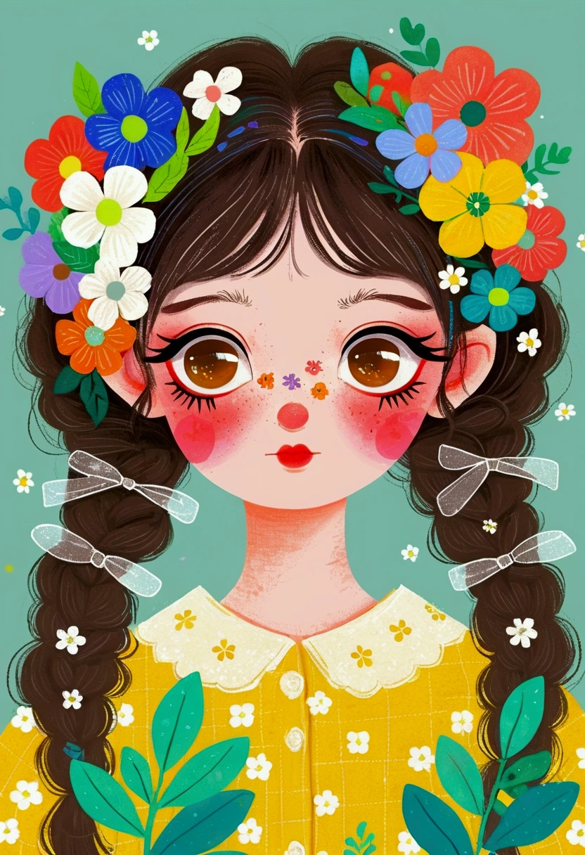 A face full of flowers、Illustration of a cute  girl, big eyes，Two pigtails，The Art of Mathematics ，Hot trends, The Art of Mathematics, 采用数码Illustration style, The Art of Mathematics. The Art of Mathematics illustration, Flowers covering eyes, Flower-faced girl, Cute illustrations, The breath of spring, Illustration Art, Illustration style, Drawn in a whimsical style