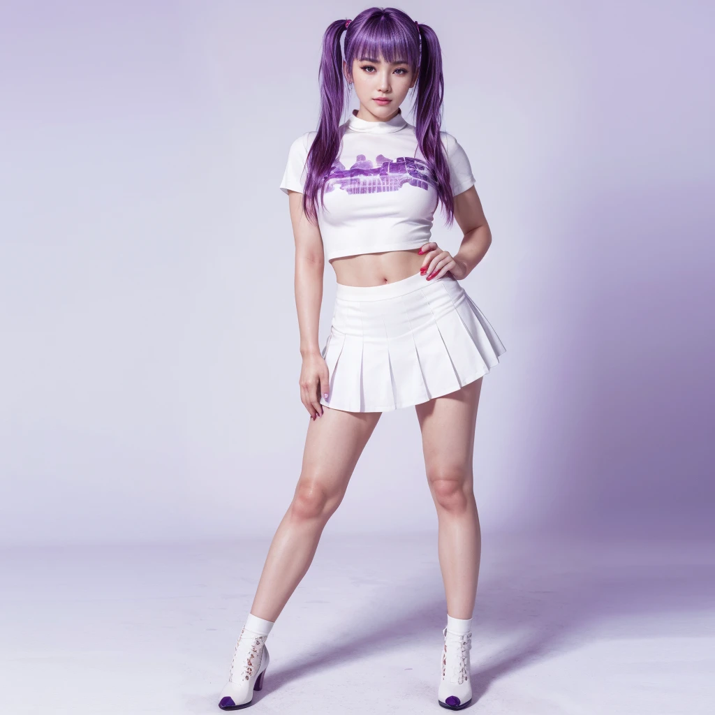 Ayane, purple hair, red eyes, (best quality, ultra-detailed), (realistic:1.37), beautiful and detailed face, ultra-realistic texture, delicate face, delicate body, red lipstick, long-lasting colors. high definition, 8K. expression with a sexy look