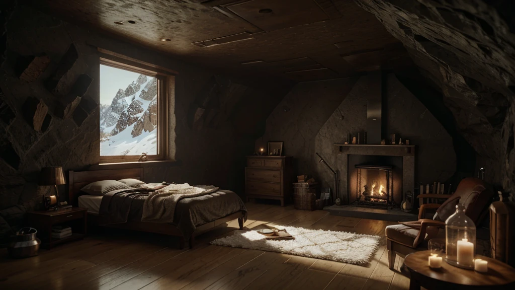 arafed bedroom with cave bed and fireplace in the corner opposite the door. . the bed looks out the door, open space, wide open space. cozy bathroom hidden in cave, unreal engine 5 highly rendered, snow cave, ambient cave lighting, unreal engine 5 rendered, cave, unreal engine 5 rendered, impressive unreal engine 5, unreal engine 5 8k render, unreal engine 5 detailed render, cozy place, cozy and peaceful atmosphere