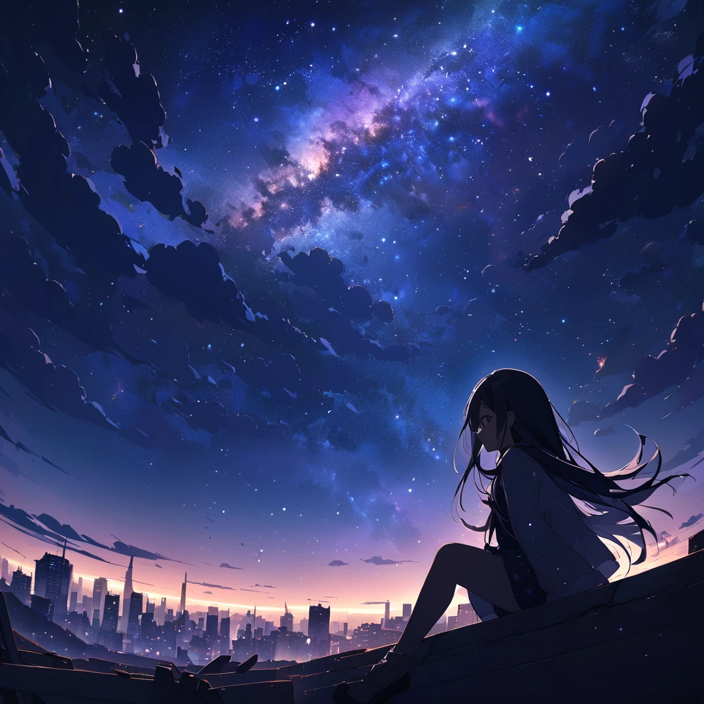 Octane, null, star (null), scenery, starry null, night, One girl, night null, alone, Outdoor, building, cloud, milky way, Sitting, wood, Long Hair, city, silhouette, cityscape、beautiful girl、Swaying hair、Sparkling
