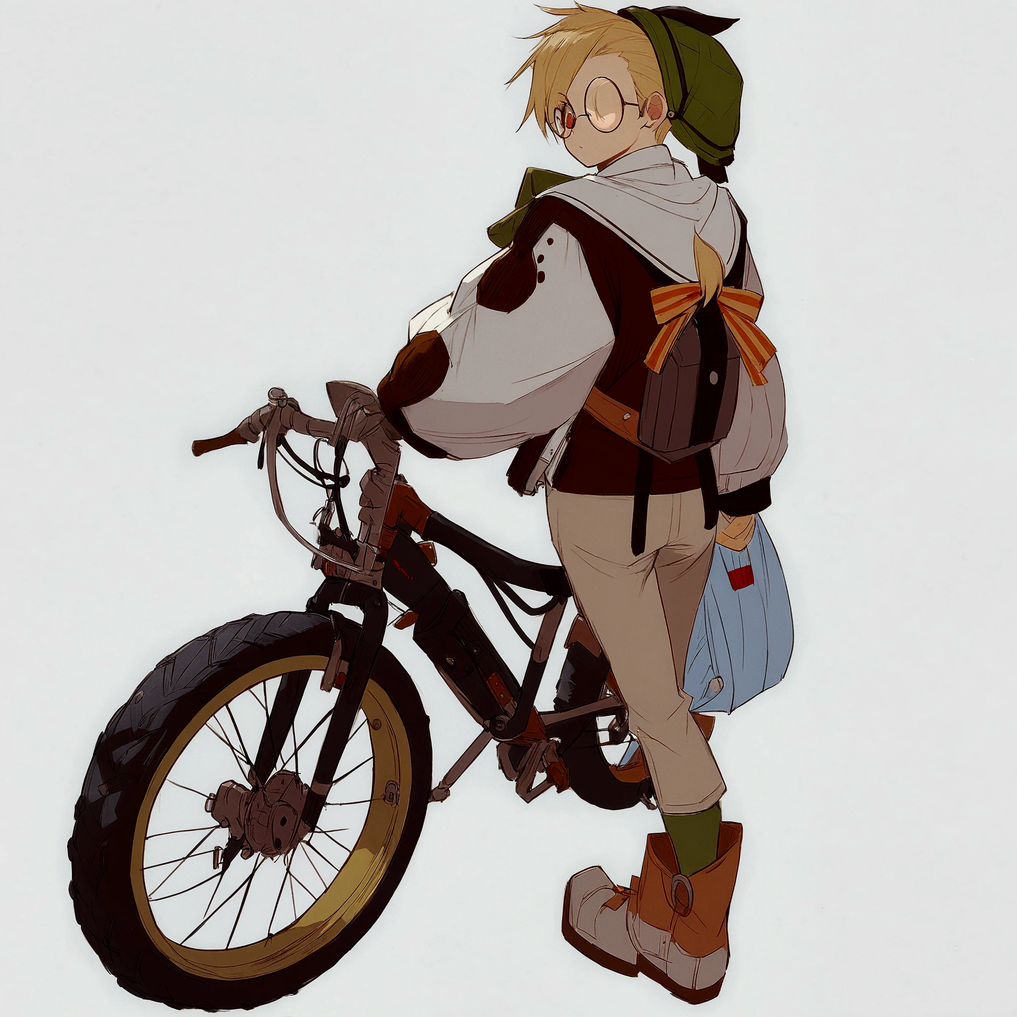 fine details. girls frontline style, male protagonist 👀 ;8, (anime boy with round circle glasses:1.2), with a pencil and a berret hat on her head, bicycle, by Akihiko Yoshida, last exile, by Okada Beisanjin, interesting character design, great character design, last exile anime, by Kamisaka Sekka, best anime character design, anime concept art, anime character design