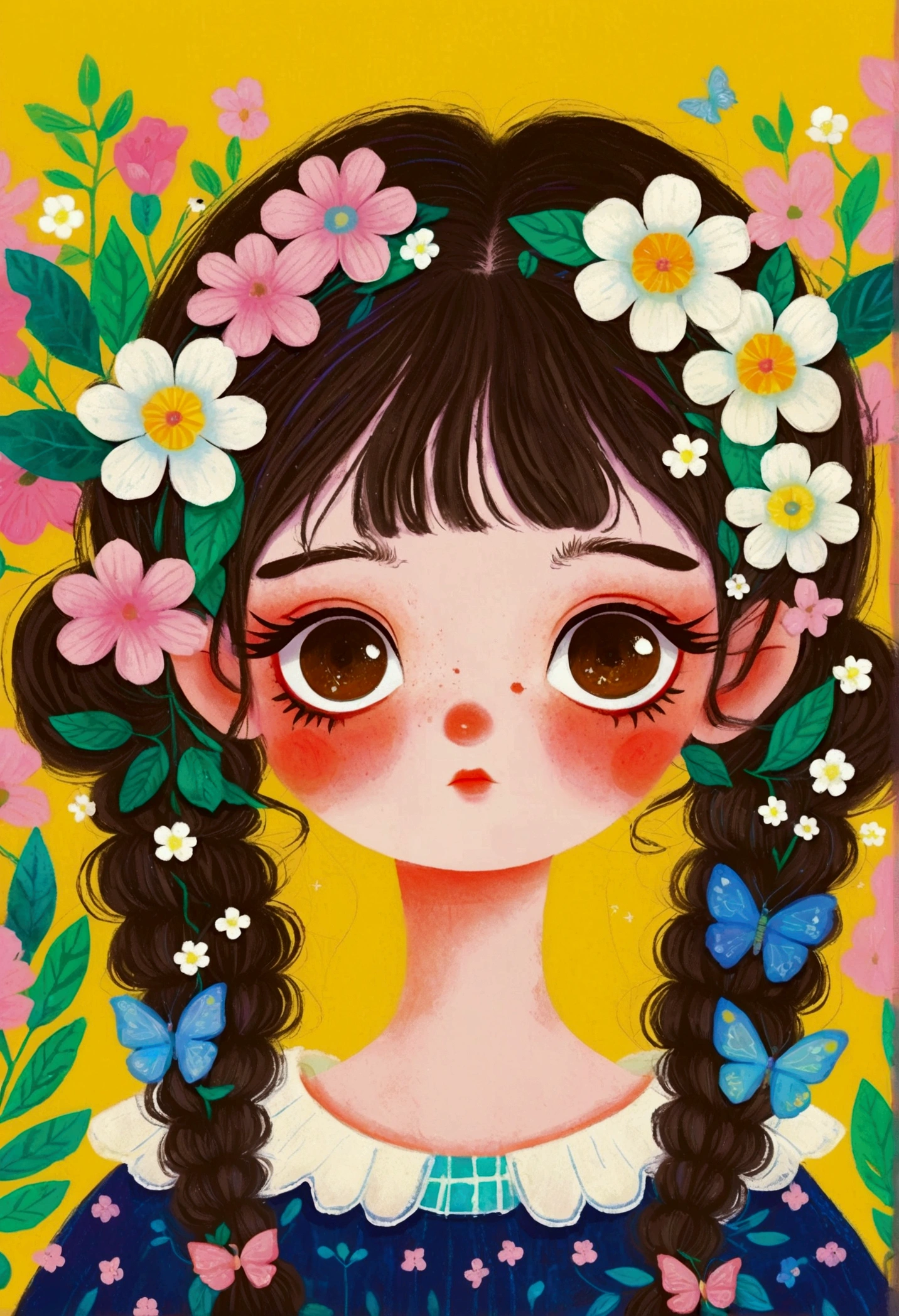 A face full of flowers、Illustration of a cute little girl, big eyes，Two pigtails，The Art of Mathematics ，Hot trends, The Art of Mathematics, 采用数码Illustration style, The Art of Mathematics. The Art of Mathematics illustration, Flowers covering eyes, Flower-faced girl, Cute illustrations, The breath of spring, Illustration Art, Illustration style, Drawn in a whimsical style