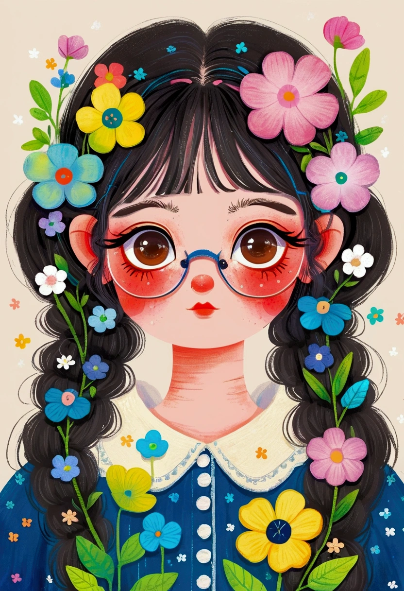 A face full of flowers、Illustration of a cute little girl, big eyes,Two pigtails,The Art of Mathematics ,Hot trends, The Art of Mathematics, 采用数码Illustration style, The Art of Mathematics. The Art of Mathematics illustration, Cute illustrations, The breath of spring, Illustration Art, Illustration style, Drawn in a whimsical style