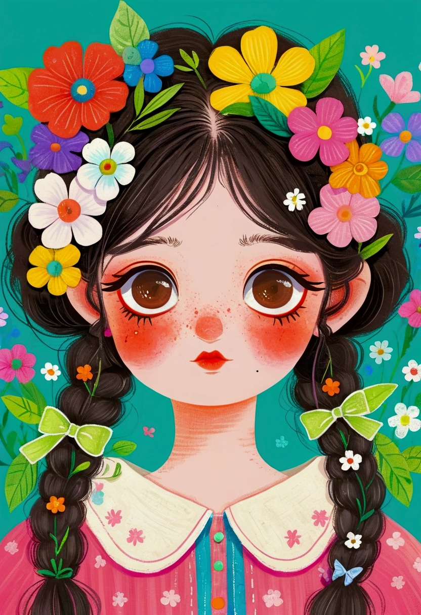 A face full of flowers、Illustration of a cute little girl, big eyes，Two pigtails，The Art of Mathematics ，Hot trends, The Art of Mathematics, 采用数码Illustration style, The Art of Mathematics. The Art of Mathematics illustration, Flowers covering eyes, Flower-faced girl, Cute illustrations, The breath of spring, Illustration Art, Illustration style, Drawn in a whimsical style