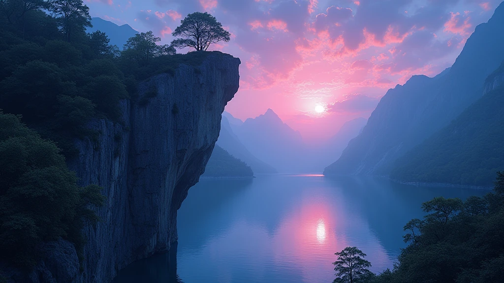Photographs that capture the essence of a magical dream world. An epic cliff,Hanging over a beautiful lake, Surreal and vivid colors illuminate its reflection. The atmosphere is otherworldly, The soft night light casts a flowing shadow. The image creates a sense of depth and mystery, It's as if the audience is taken into another dimension., Create beautiful and memorable work.