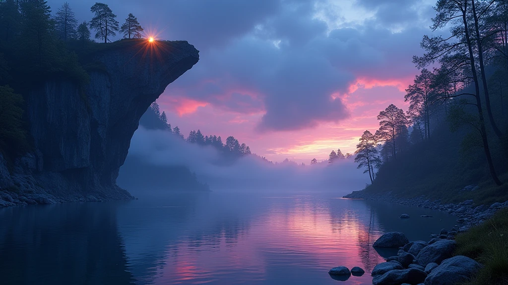 Photographs that capture the essence of a magical dream world. An epic cliff,Hanging over a beautiful lake, Surreal and vivid colors illuminate its reflection. The atmosphere is otherworldly, The soft night light casts a flowing shadow. The image creates a sense of depth and mystery, It's as if the audience is taken into another dimension., Create beautiful and memorable work.