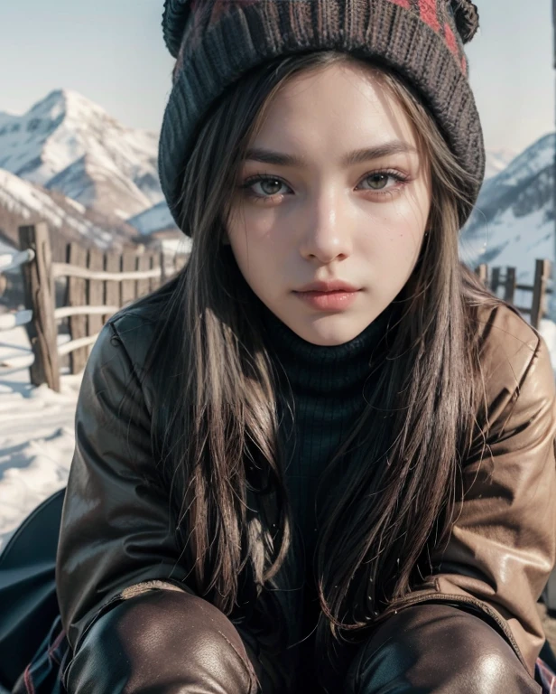 ((surreal、Super detailed image, maybe a photo.,Captures the details of the skin texture of an incredibly beautiful woman...))long straight black hair。(masterpiece:1.3), (8k, photorealistic, raw photography, Best Quality:1.4), Beautiful details, Realistic skin, (detailed skin), beautiful skin, attractive, ultra high definition, A hyperrealist, Very detailed, ( Brown Turtleneck Top:1.5, Black down jacket:1.5, knitted hat:1.5, gloves:1.5, red and black tartan skirt:1.5, black knee high stockings:1.5, small boots,), (gray gradation background) ((outdoor)), Mountain landscape.