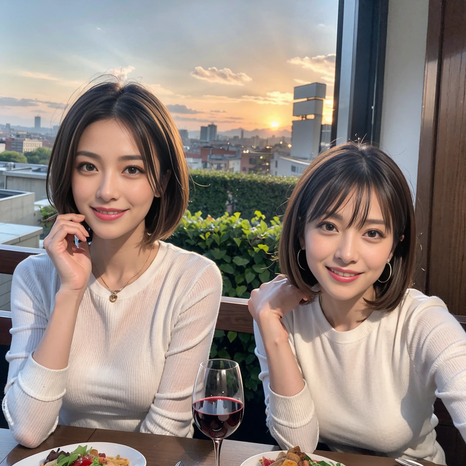 (Realistic:1.1),(masterpiece,Highest quality),8k,(58 years old), 53 years old, ベリーslimボディ、slimカップル、Tight waist,Upper Body,full-course dinner、wine 、Amazing view of the sunset sky and clouds、Perfect Anatomy, Brown Hair, short hair,Random Hairstyles,((Highly detailed face and eyes:1.2)),Perfect golden ratio face,Long sleeve shirt、dress,(smile:1.2)、Shortcuts、cute、(Realistic, Intricate details:1.2), A bright smile、short hair,Bright Face、赤wine 、Appetizers、Italian food、wine bottle、Champagne、スパークリングwine、(slimな顔), (The body is slim), (Brown Hair), (Shortcuts), Upper Body, 白wine, slim, wineグラス,