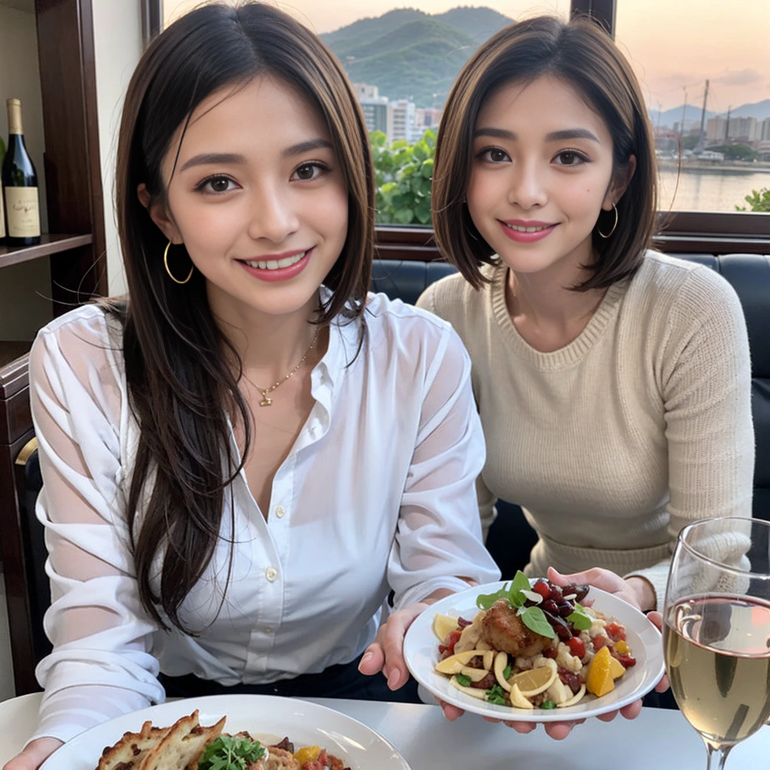 （Realistic:1.1）,(masterpiece,Highest quality)，8k,(58 years old), 53 years old, ベリーslimボディ、slimカップル、Tight waist,Upper Body,full-course dinner、wine 、Amazing view of the sunset sky and clouds、Perfect Anatomy, Brown Hair, short hair,Random Hairstyles,((Highly detailed face and eyes:1.2))，Perfect golden ratio face，Long sleeve shirt、dress,(smile:1.2)、Shortcuts、cute、(Realistic, Intricate details:1.2), A bright smile、short hair,Bright Face、赤wine 、Appetizers、Italian food、wine bottle、Champagne、スパークリングwine、(slimな顔), (The body is slim), (Brown Hair), (Shortcuts),  Upper Body, 白wine, slim, wineグラス, 