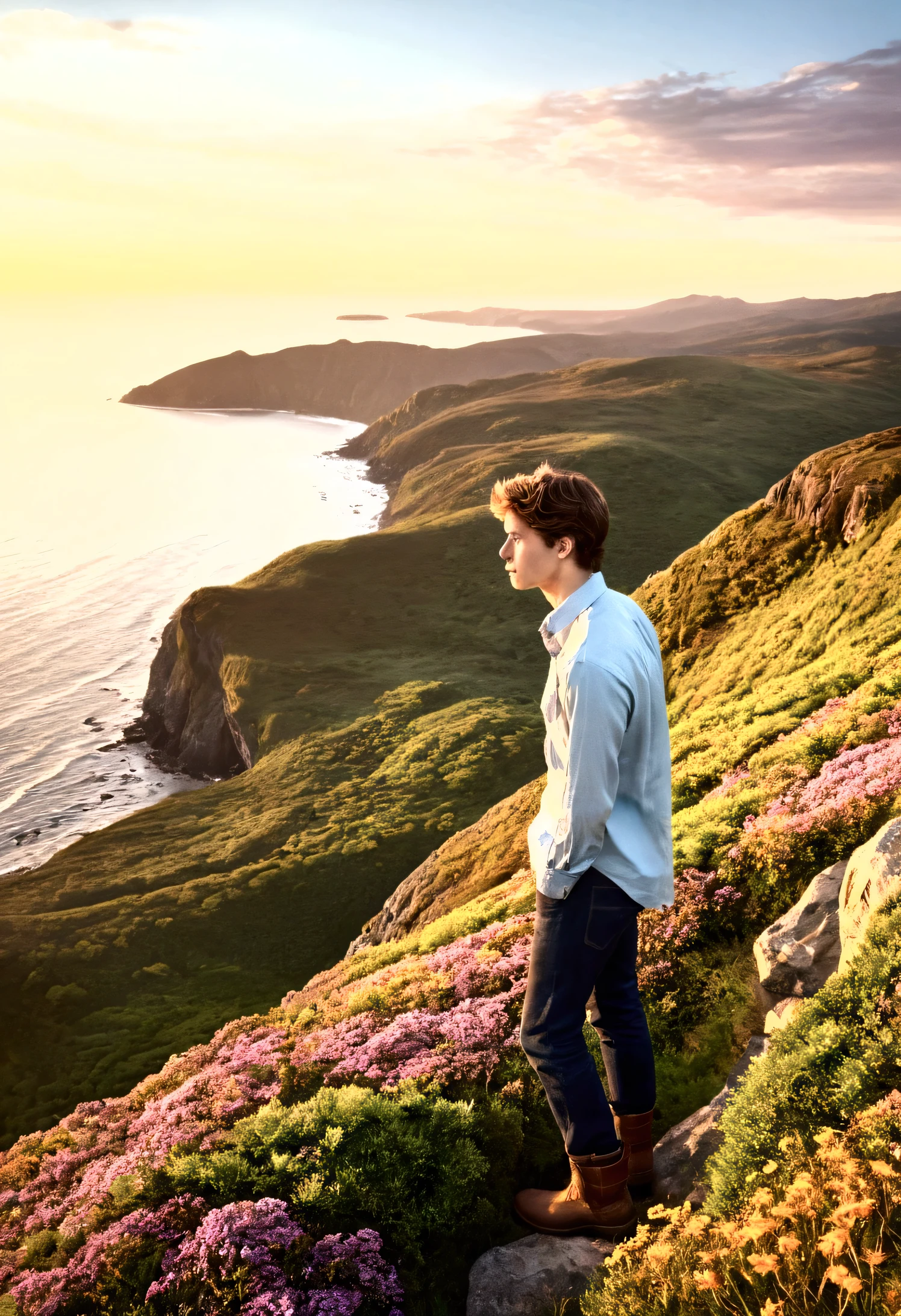 A young man stands alone on a high cliff, seen from behind, against a breathtaking 8K vista. The cliff's edge is detailed with patches of vibrant green moss and delicate wildflowers that sway gently in the breeze. Below, the expansive sea sparkles under the setting sun, with intricate wave patterns and sunlight reflecting off the water's surface. Far in the distance, majestic mountains rise, their peaks bathed in a warm, golden hue from the sunset. The young man is dressed in a light blue, button-up shirt, dark jeans, and brown hiking boots. His relaxed posture and contemplative gaze convey a sense of peaceful connection to the natural beauty surrounding him. The sky is a rich tapestry of warm oranges, pinks, and soft purples, with wispy clouds illuminated by the last rays of sunlight. The scene is detailed with high-definition textures, creating a serene and uplifting atmosphere