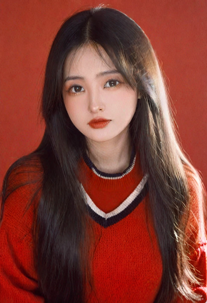 masterpiece, ultra-realistic, 20 years old, 8k, hd, full body, busty body, beautiful girl, black hair, very long hair, straight hair, closed mouth,1girl, detailed face, beautiful woman's face, red sweater, plumpy, red background, looking to viewer, 85mm lens, cinematic light