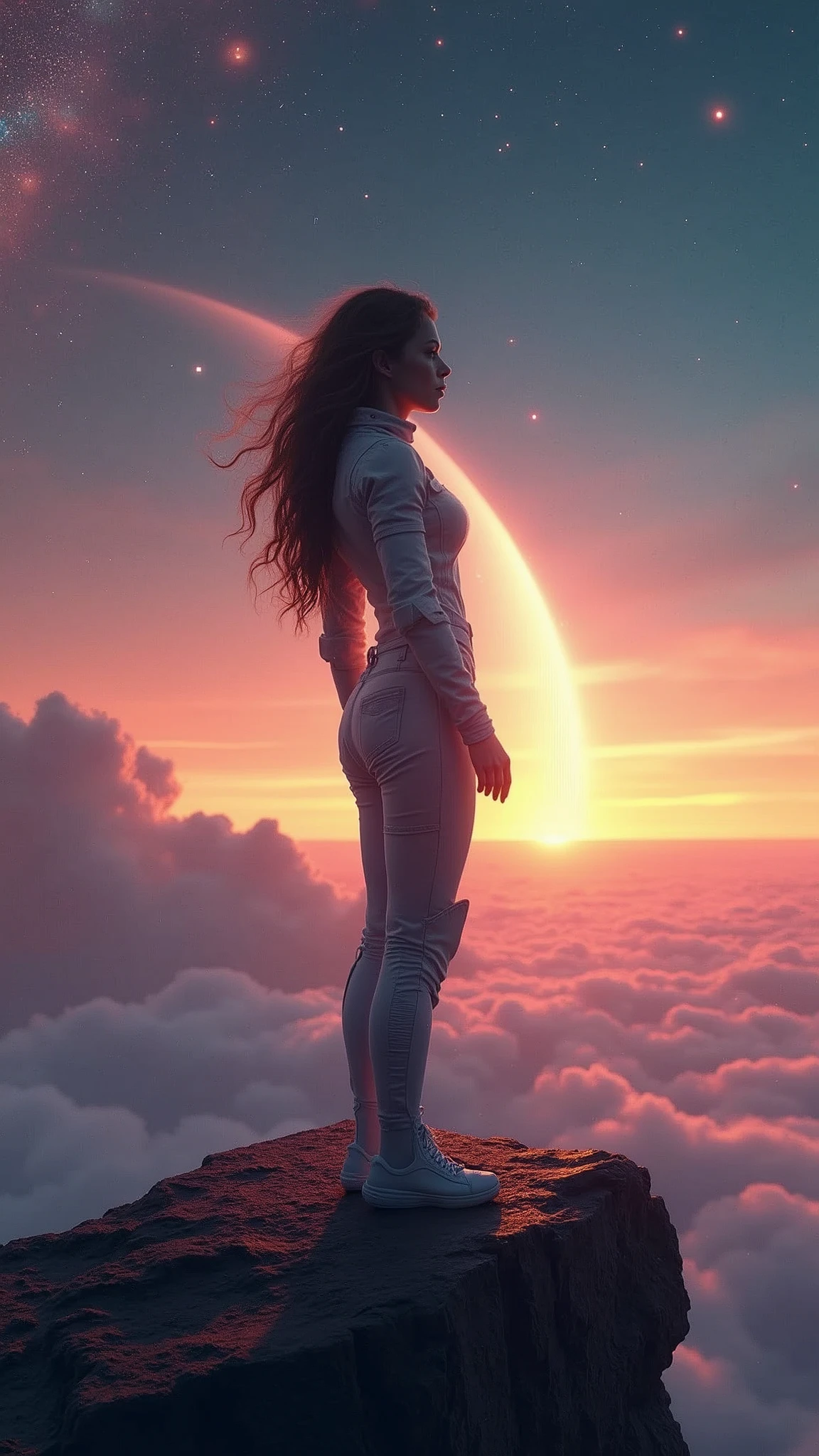 space woman standing on the edge of horizon looking at the camera, sci fi art style of the masters,