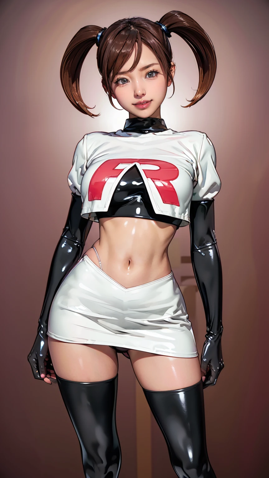 (masterpiece, Highest quality, In 8K, Very detailed, High resolution, Realistic:1.2), (Latex Team Rocket uniform:1.3), (Grin:1.2), (Brown Hair, Twin tails, Mid-length hair:1.2), (Cowboy Shot:1.3), (20 year old Japanese woman:1.2), (Shorten your skirt:1.3), (Black patent leather gloves, Black patent leather long boots:1.2), (Upper body is thin:1.4), (flattening the chest:1.2), (Thicken your thighs:1.3), (Panty shot, Black latex panties:1.3)